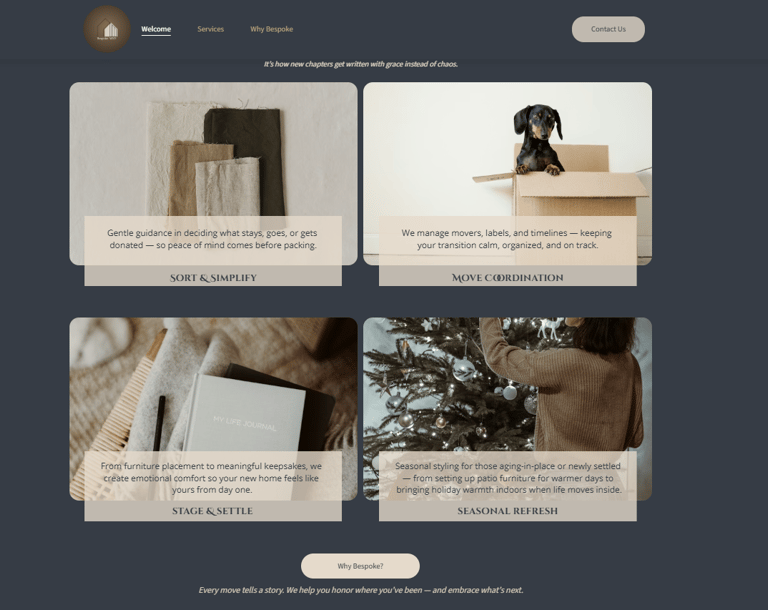 Rustline-designed website for Bespoke WNY showcasing senior relocation services and brand identity f