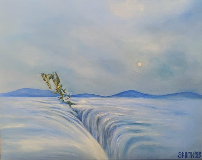 Surreal oil painting of a snowy landscape with a canyon and birds flying under a pale sun.
