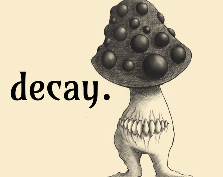 The word decay in art nouveau font next to a picture of a creepy-cute mushroom creature with legs, many eyes, and teeth.