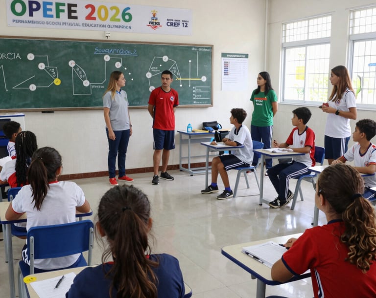 Students participating in a lively physical education competition outdoors with Pernambuco flag colors in the background.