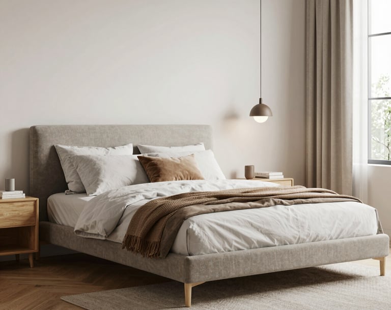 A sunlit modern living room with warm beige tones and natural wood accents