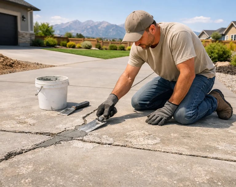 Concrete contractor repairing a cracked residential driveway at a suburban home in Lehi Utah