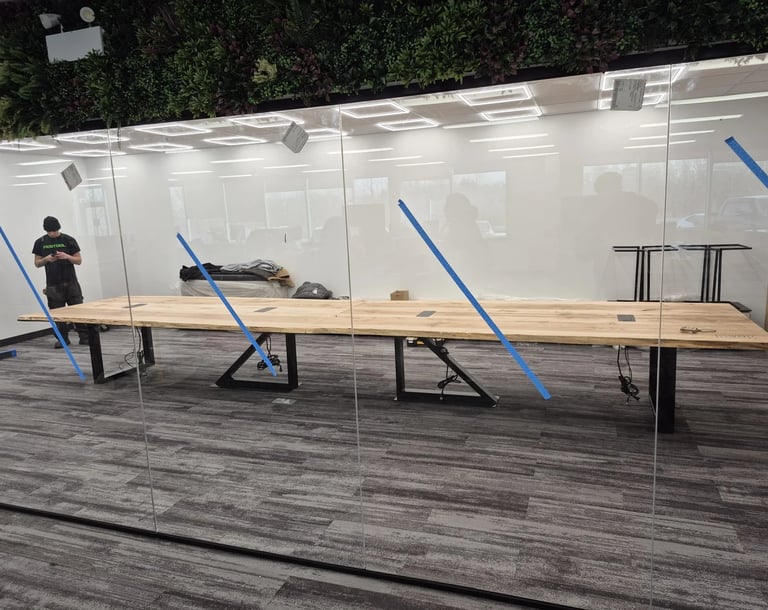21ft x 4.5ft maple conference table — wide angle installed boardroom view
