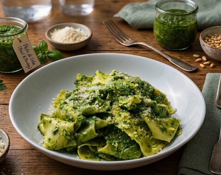 Fresh pappardelle pasta tossed in homemade basil parsley pesto with parmesan cheese.