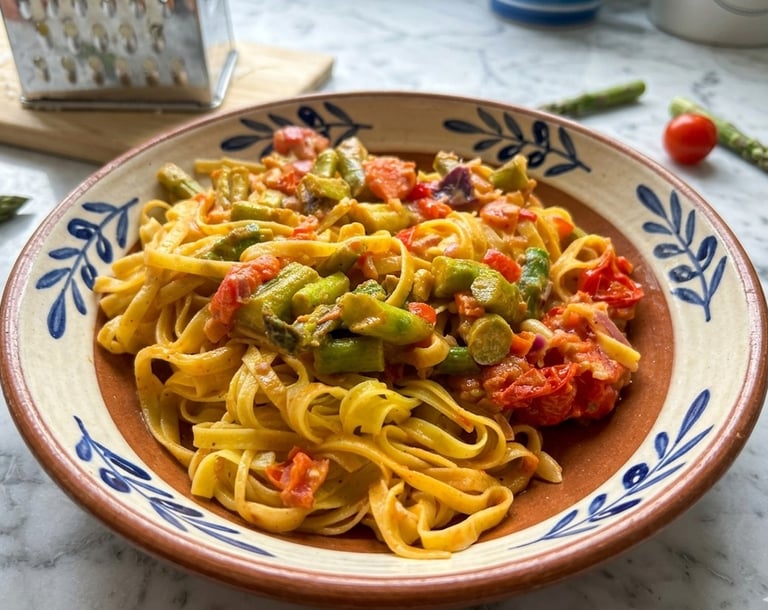 Creamy tagliatelle pasta with fresh asparagus and roasted cherry tomatoes in a ceramic bowl.