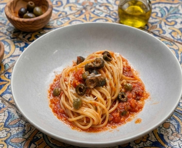 Spaghetti pasta with tomato sauce, olives, and capers served on a colorful mosaic table with olive oil.
