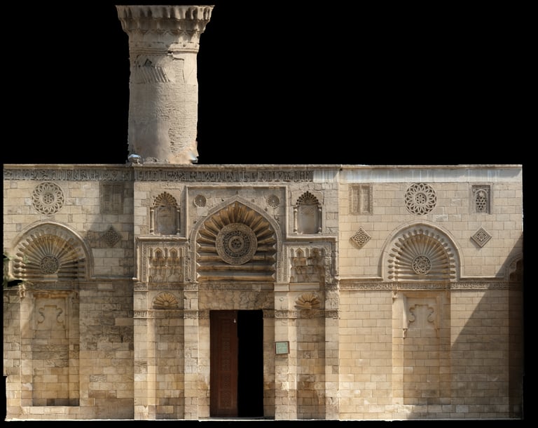 Orthomosaic Stone facade of Al-Aqmar Mosque in Cairo featuring intricate Islamic carvings.