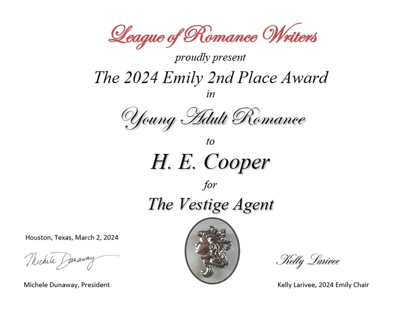 League of Romance Writers presents The Emily Award for 2nd place - official signed award