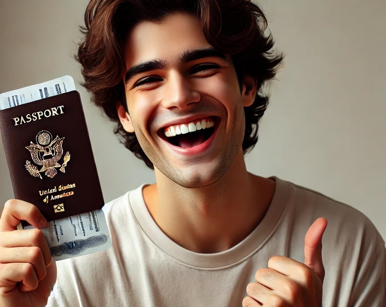 Pessoa feliz mostrando um passaporte com visto americano aprovado, simbolizando sucesso na obtenção 
