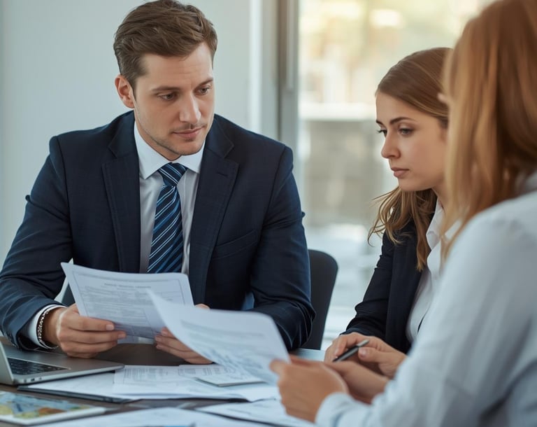 man presenting paperwork to women