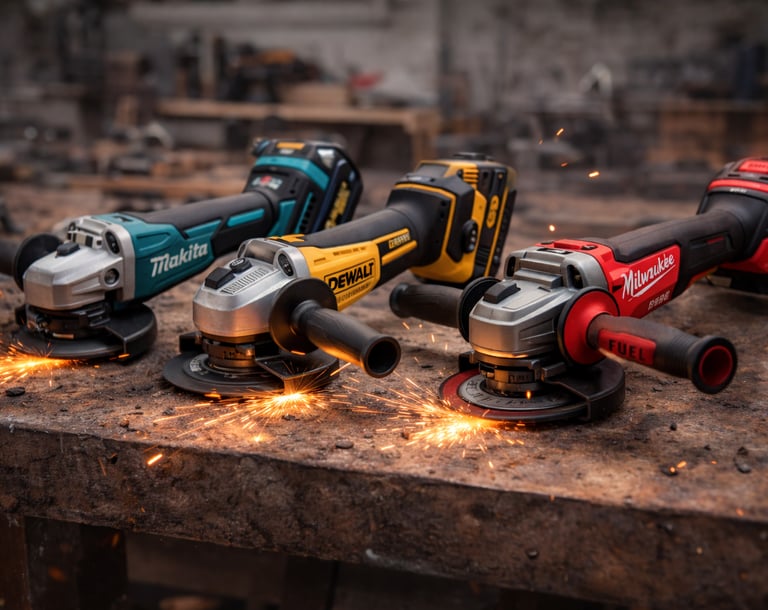 Cordless angle grinders from Makita, DeWalt, and Milwaukee on a metal workshop bench with sparks.