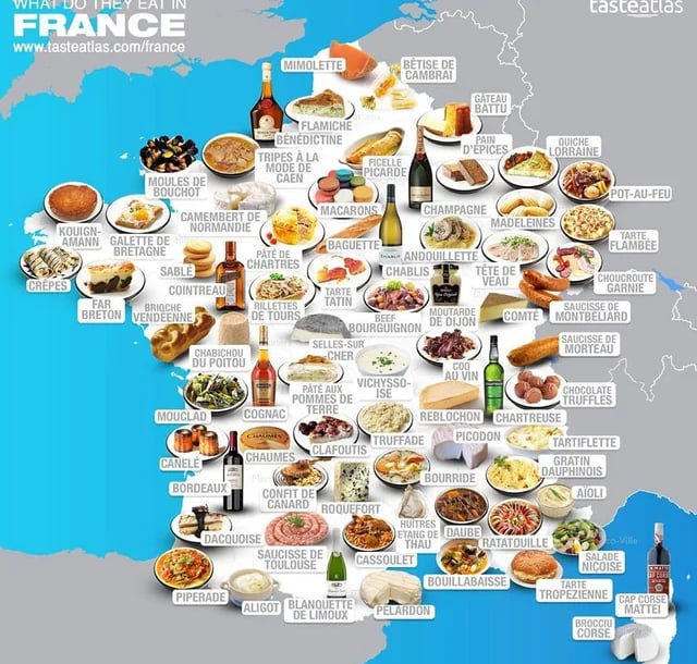 Map of France showing popular regional dishes like Ratatouille, Quiche Lorraine, and Bouillabaisse