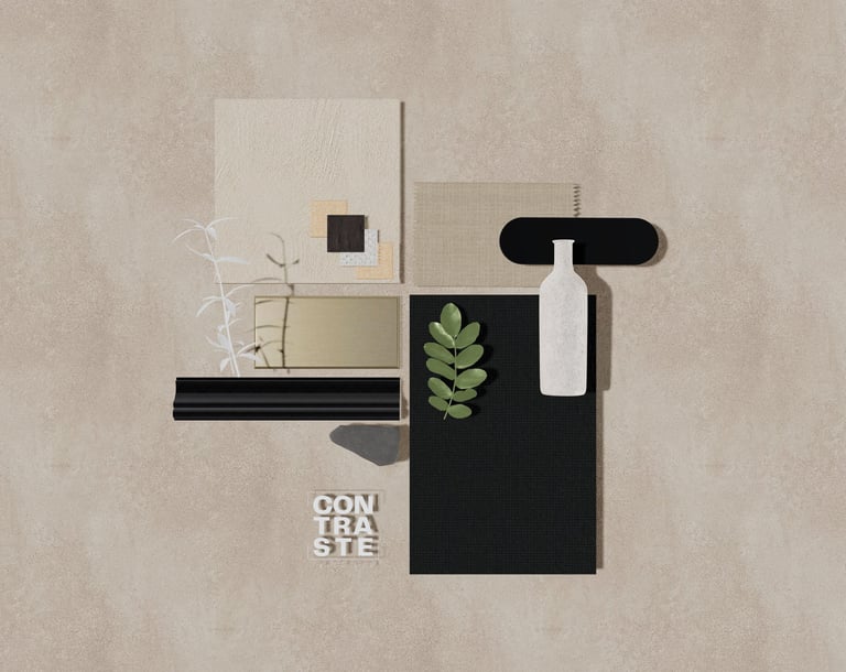 Moodboard montrant le contraste beige et noir, chaleureux, minimaliste, Mattoboard