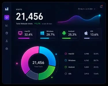 A dark mode website analytics dashboard displaying total visits, line charts, and a donut chart for OS distribution.