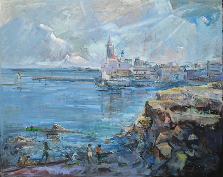 Sitges, óleo sobre lienzo del artista pintor Argi Girón. Sea landscape artist painter oil