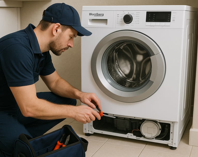 Blue Flame Works technician repairing a Blomberg front-load washer with tools on the floor.