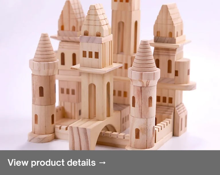 Wooden building block castle toy arranged on a neutral background