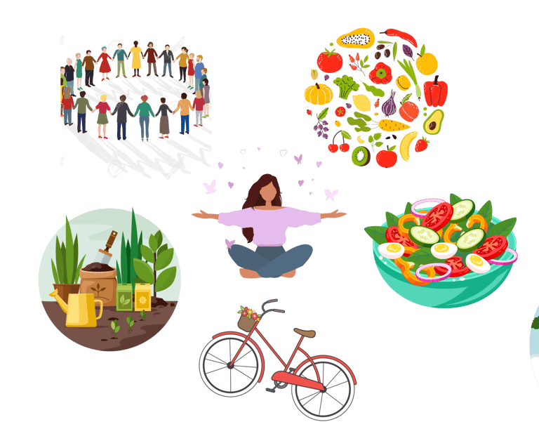 a woman is sitting on a bicycle and holding a basket full of food