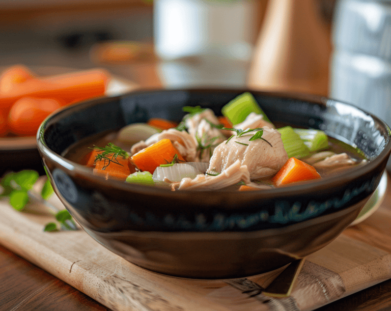 a bowl of soup with carrots and vegetables