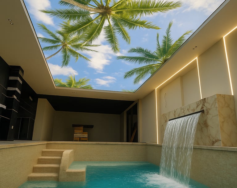 techo tensado retroiluminado en piscina interior moderna