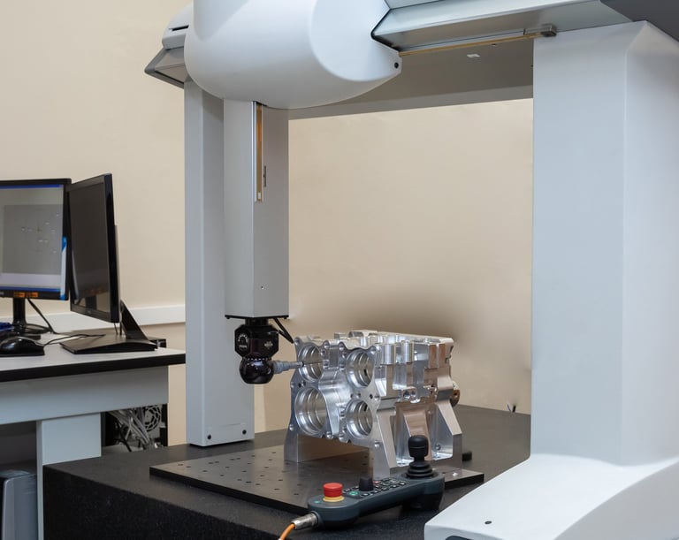 CMM with indexable head probing system inspecting a prismatic machined component. 