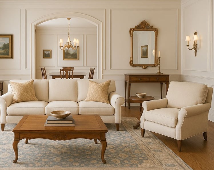 Traditional living room and dining room with neutral tones and classic furniture by Solo Home Decor.