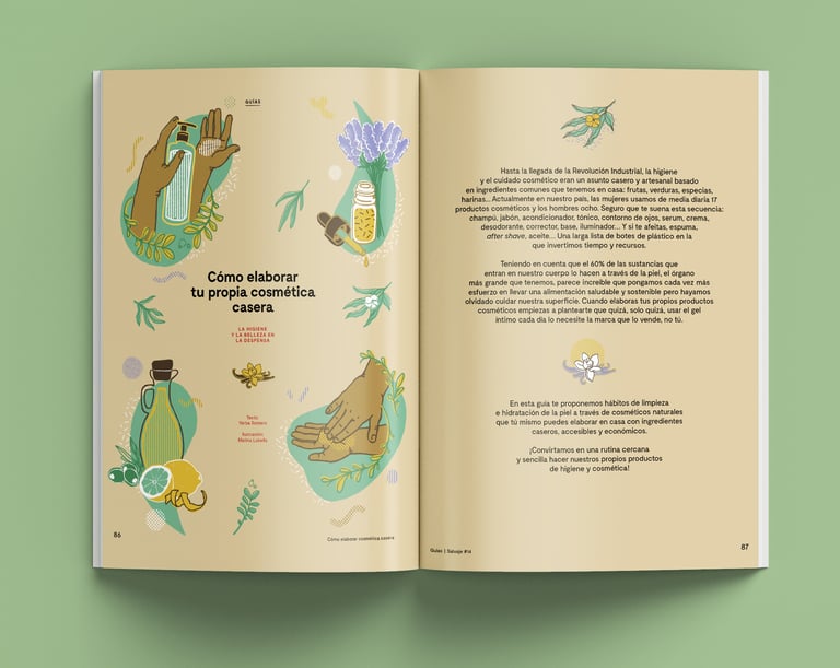 magazine pages with pictures of hands holding cosmetics and olive oil, lemon, lavender, leaves