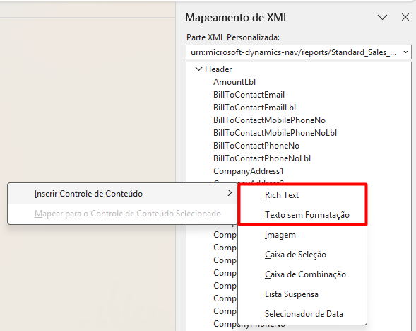 Microsoft Word XML Mapping pane showing content control options for Dynamics NAV report fields.