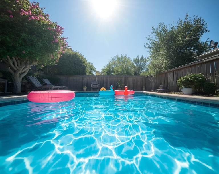 Sunny backyard swimming pool with colorful pool floats under a bright blue summer sky.