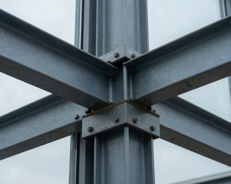 Extreme macro detail of structural steel joints and heavy architectural glass, cool overcast lighting.