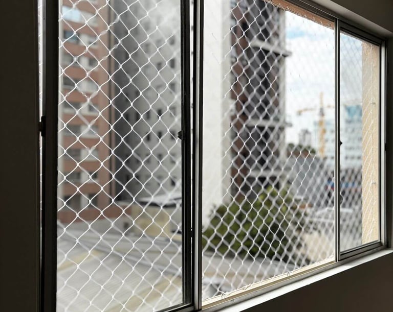 janela de correr de alumínio vista por dentro com rede de proteção instalada; ao fundo, prédios residenciais em dia claro