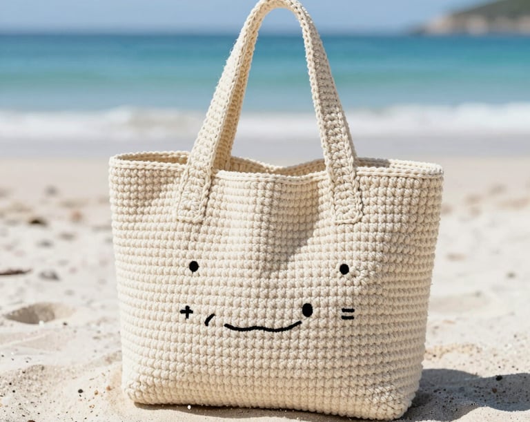 Elegant macramé beach bag hanging on a palm tree branch