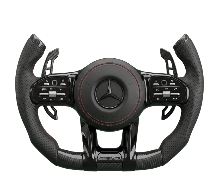 Custom Mercedes AMG carbon fiber steering wheel with black leather and red stitching.
