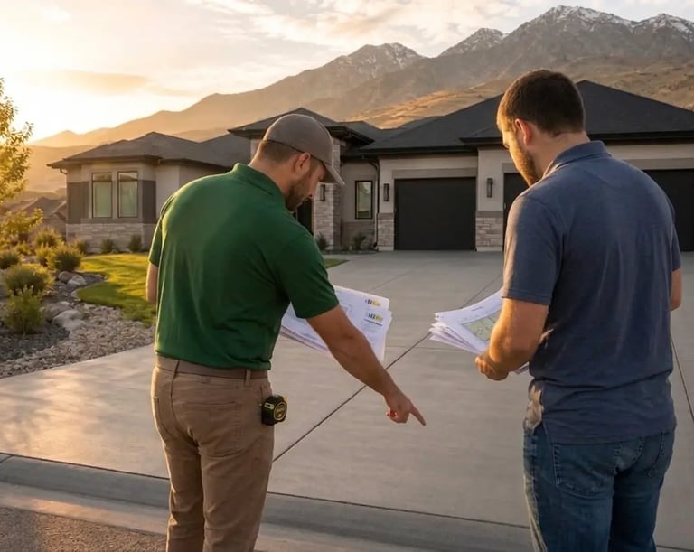 Concrete contractor showing a new concrete driveway to the homeowner in Lehi, UT