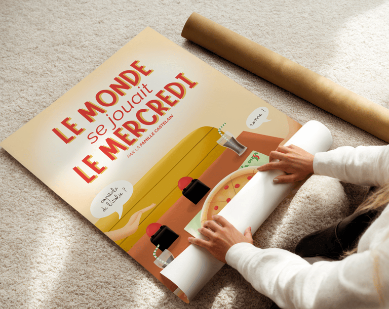 Illustration personnalisée, affiche souvenirs en famille à la pizzeria