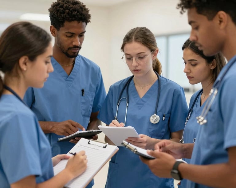 Medical students in blue scrubs reviewing drug calculations notes and nursing textbooks.