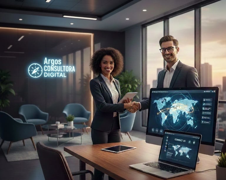 Reunião estratégica na Argos Consultoria Digital para escala de negócios e performance