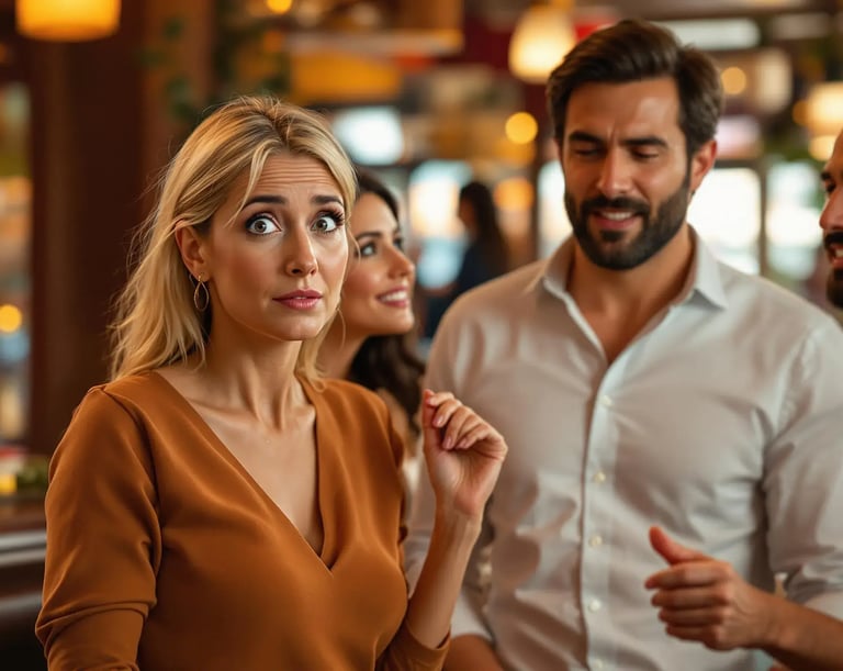 Woman with confused expression while others converse, symbolizing fear of speaking Spanish