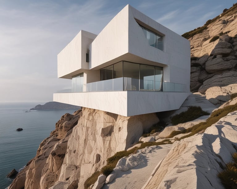 A sleek, futuristic home rendered with sharp angles and glass facades glowing at sunset.