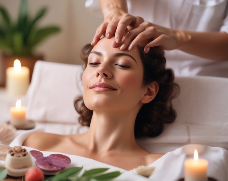 A serene spa setting with natural light filtering through linen curtains and soft stone textures.