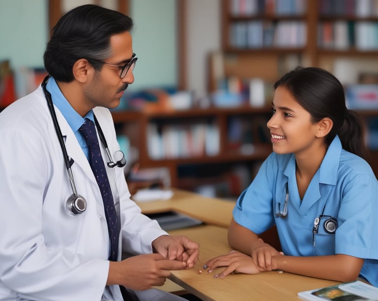 A friendly healthcare professional assisting a student.