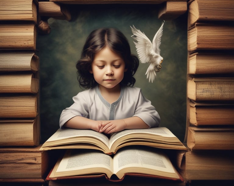 a little girl is reading a book and a bird is flying