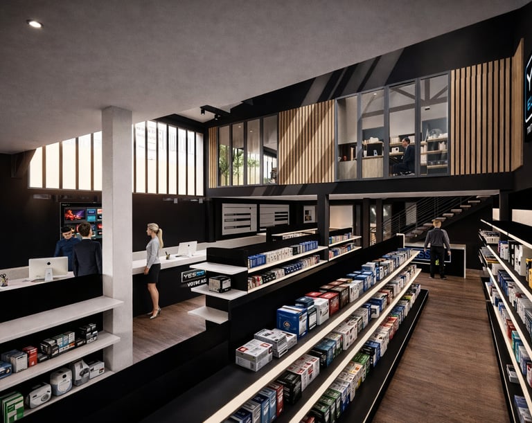 Modern electrical supply store interior with rows of stocked shelves and a customer service counter.