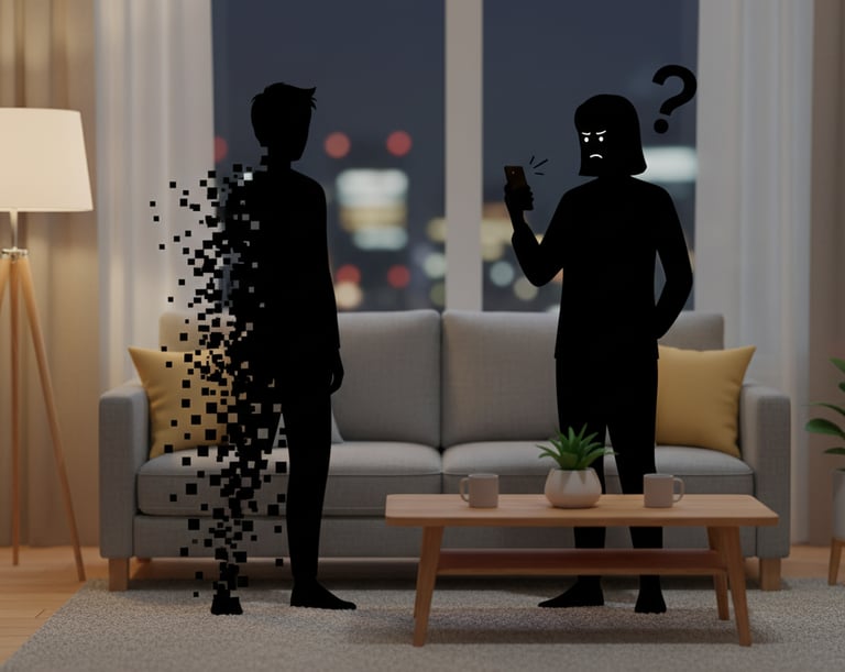 Ilustração sobre ghosting e desaparecimento digital em relacionamentos modernos
