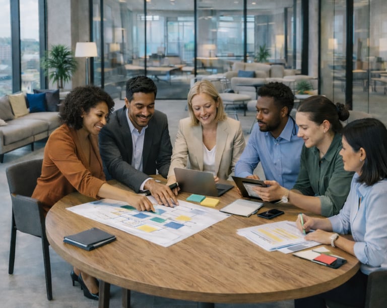 Equipe e gestores em reunião estratégica para estruturar gestão e gerar resultados suste
