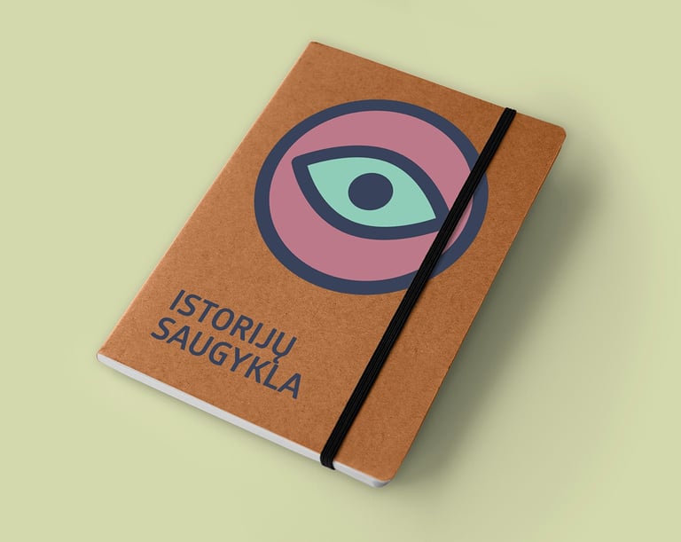 Notebook with a aye drawing and text: repository of stories