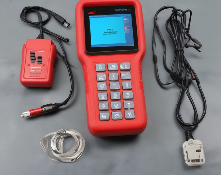 Close-up of a sleek OBD2 scanner plugged into a car dashboard glowing with electric blue accents