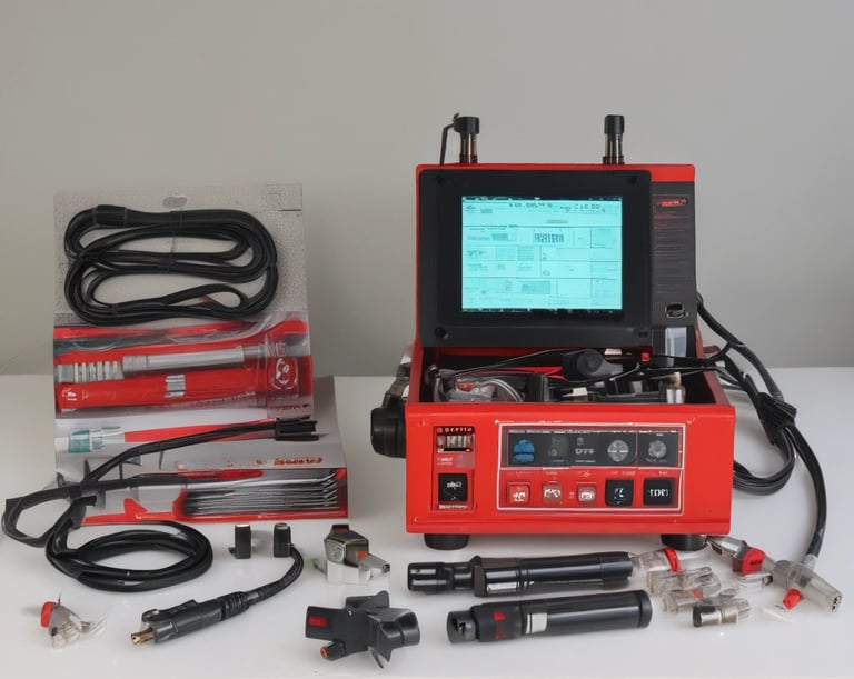 Close-up of a sleek OBD2 scanner plugged into a car dashboard glowing with electric blue accents