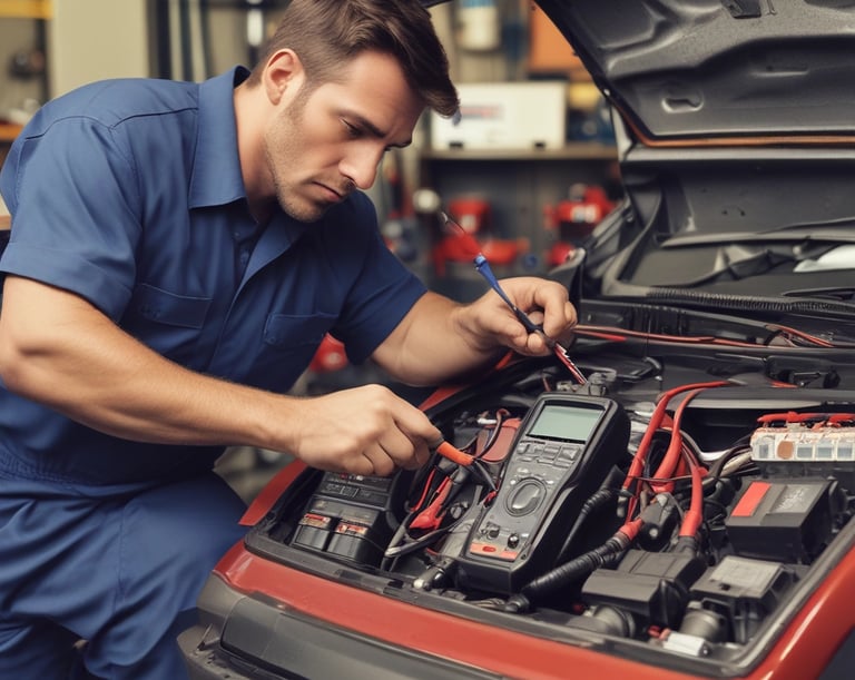 Close-up of a sleek OBD2 scanner plugged into a car dashboard glowing with electric blue accents