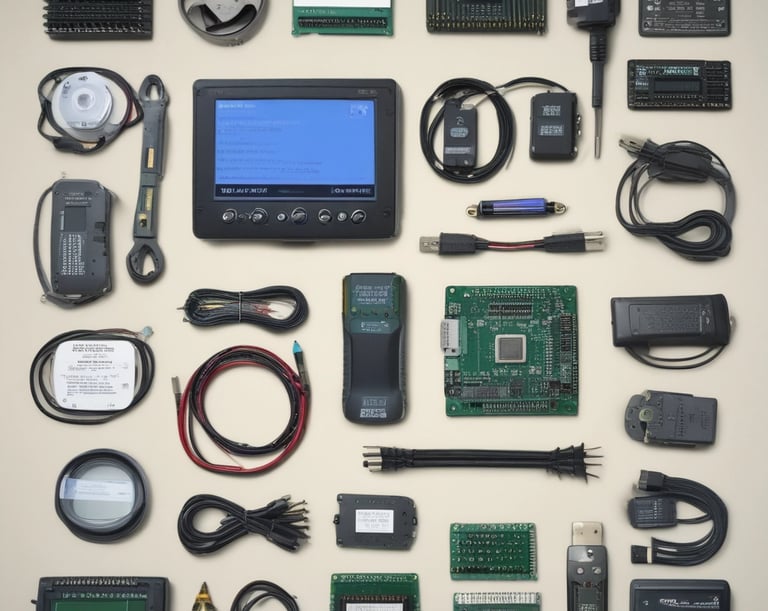Close-up of a sleek OBD2 scanner plugged into a car dashboard glowing with electric blue accents